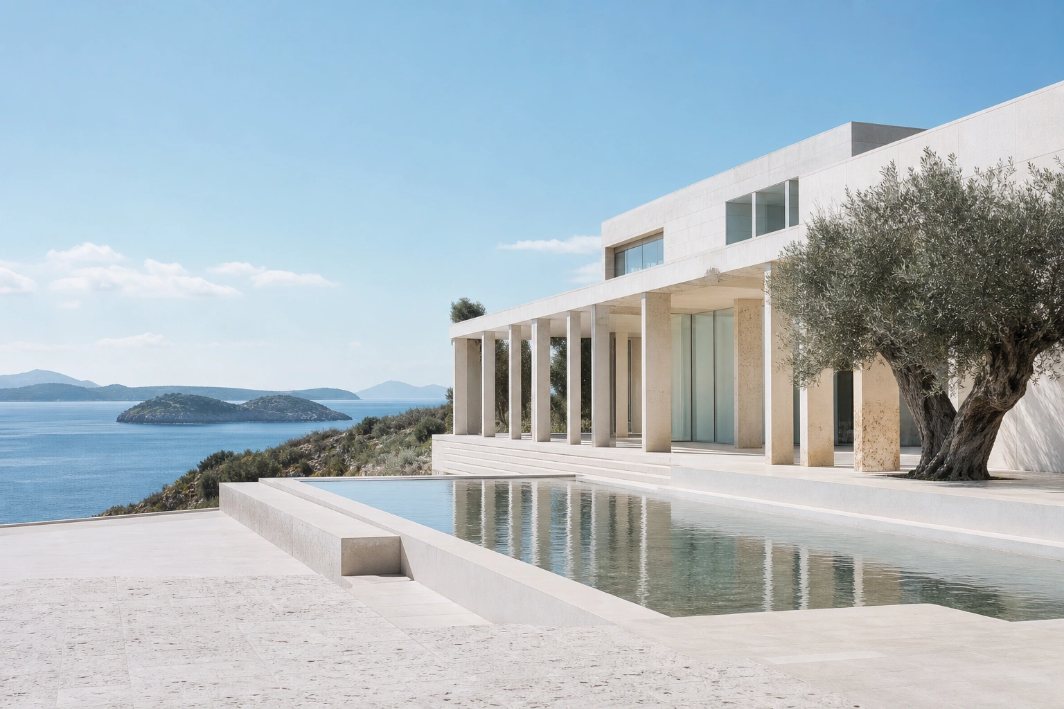 Pale stone research architecture beside a coastal horizon